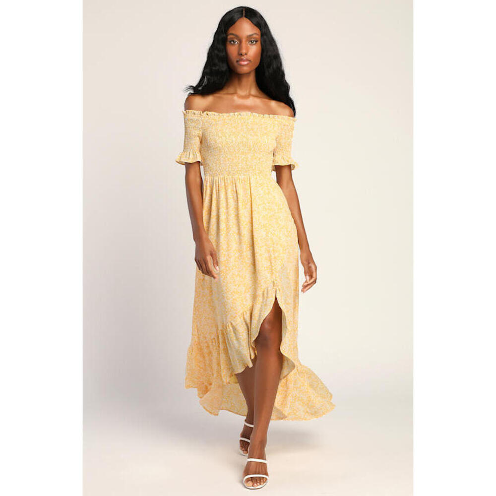 Lulus Fleur-tation Yellow Floral Print Off-the-shoulder Midi Dress - Size L